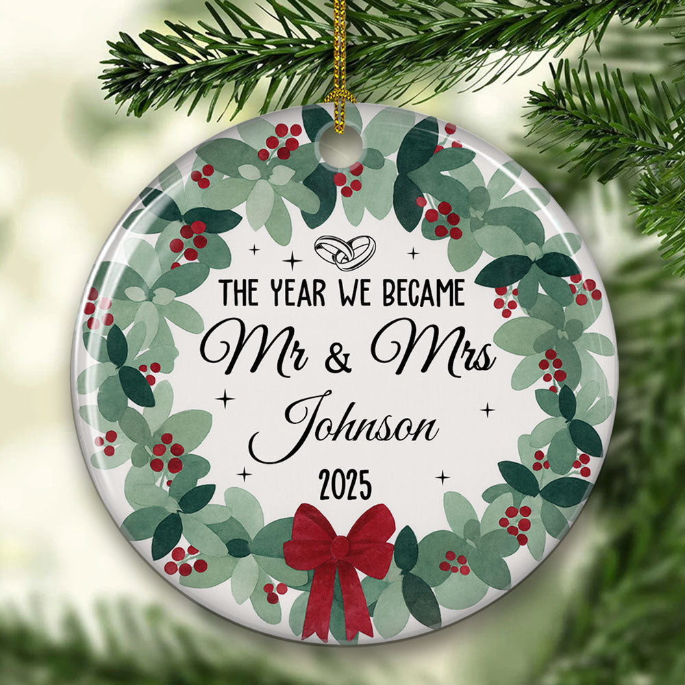 Custom First Christmas Ornament Married, Gift for Newlyweds •  Newlywed Bride Groom - Personalized Ceramic Ornament