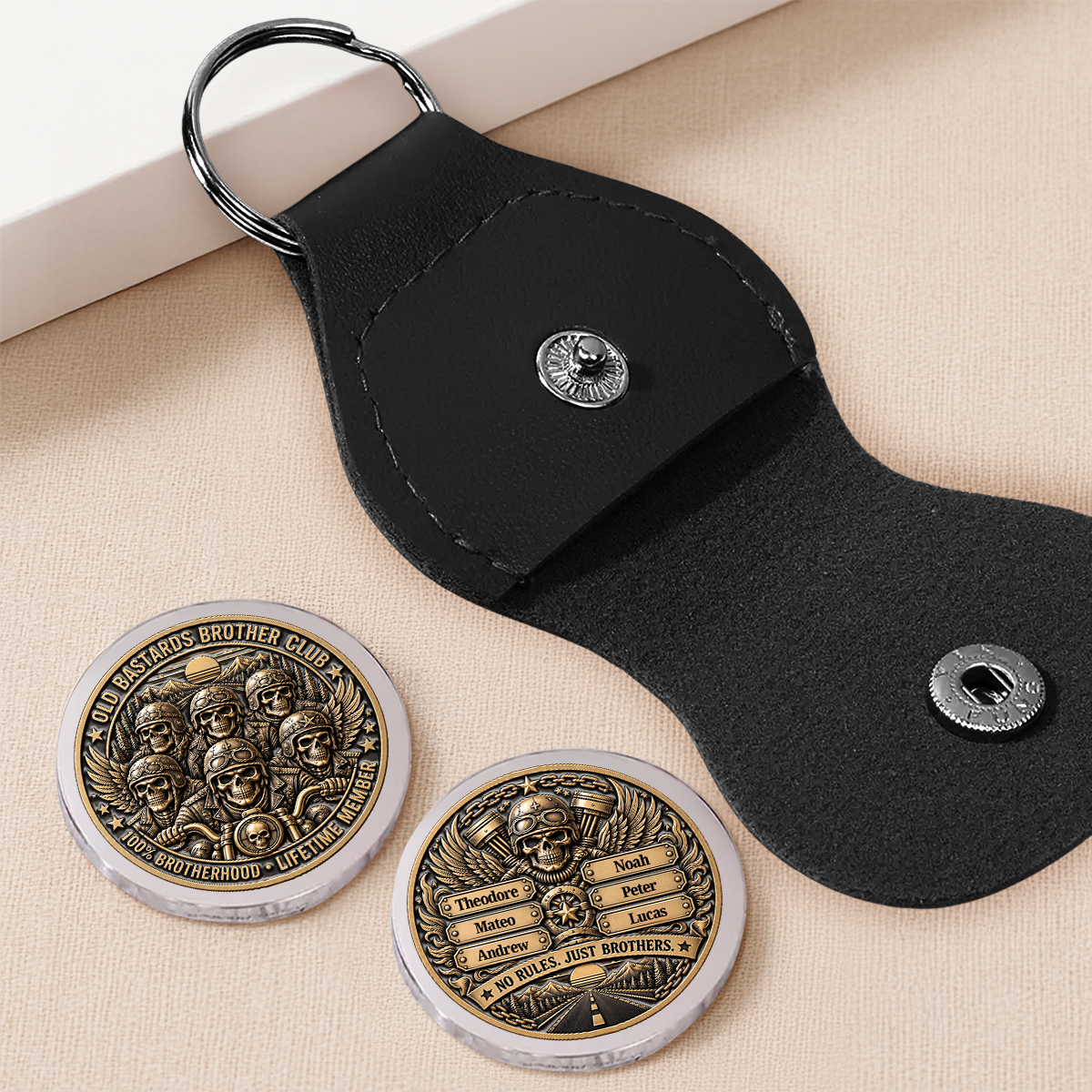 Custom Besties Coin Keychain, Friendship Birthday Gifts • Brothers Ride Through Every Mile - Personalized 3D Printing Pocket Hug