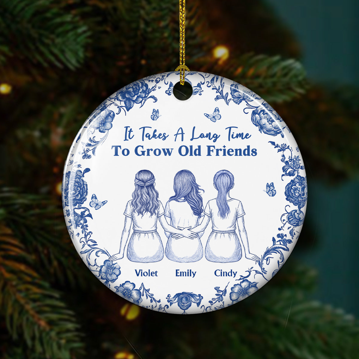 Custom Friendship Christmas Ornament, Best Friend Gift •  A True Friendship Blue Toile - Personalized Ceramic Ornament