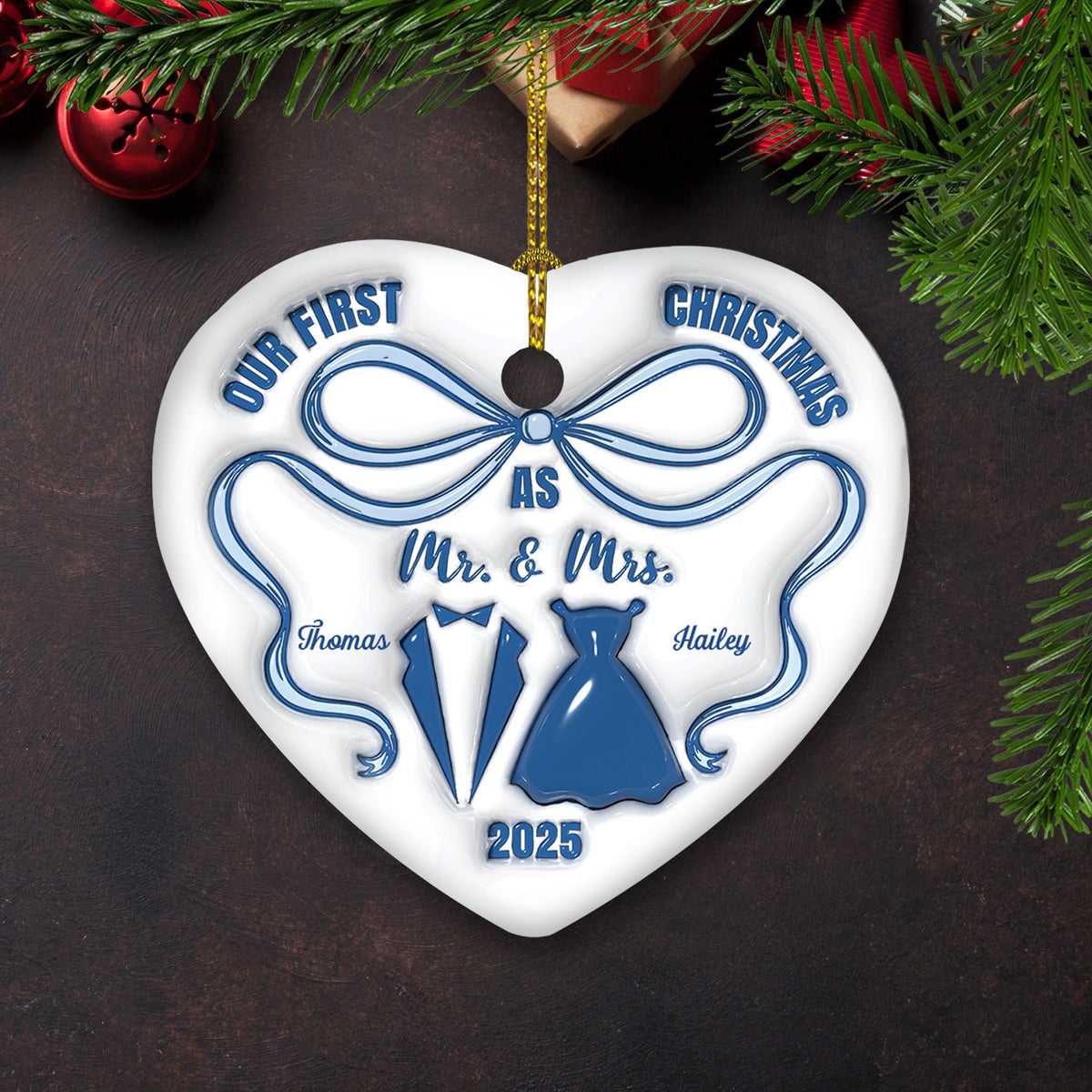 Custom First Christmas Ornament Married, Gift for Newlyweds •  Mr And Mrs Blue - Personalized 3D Inflated Effect Ceramic Ornament