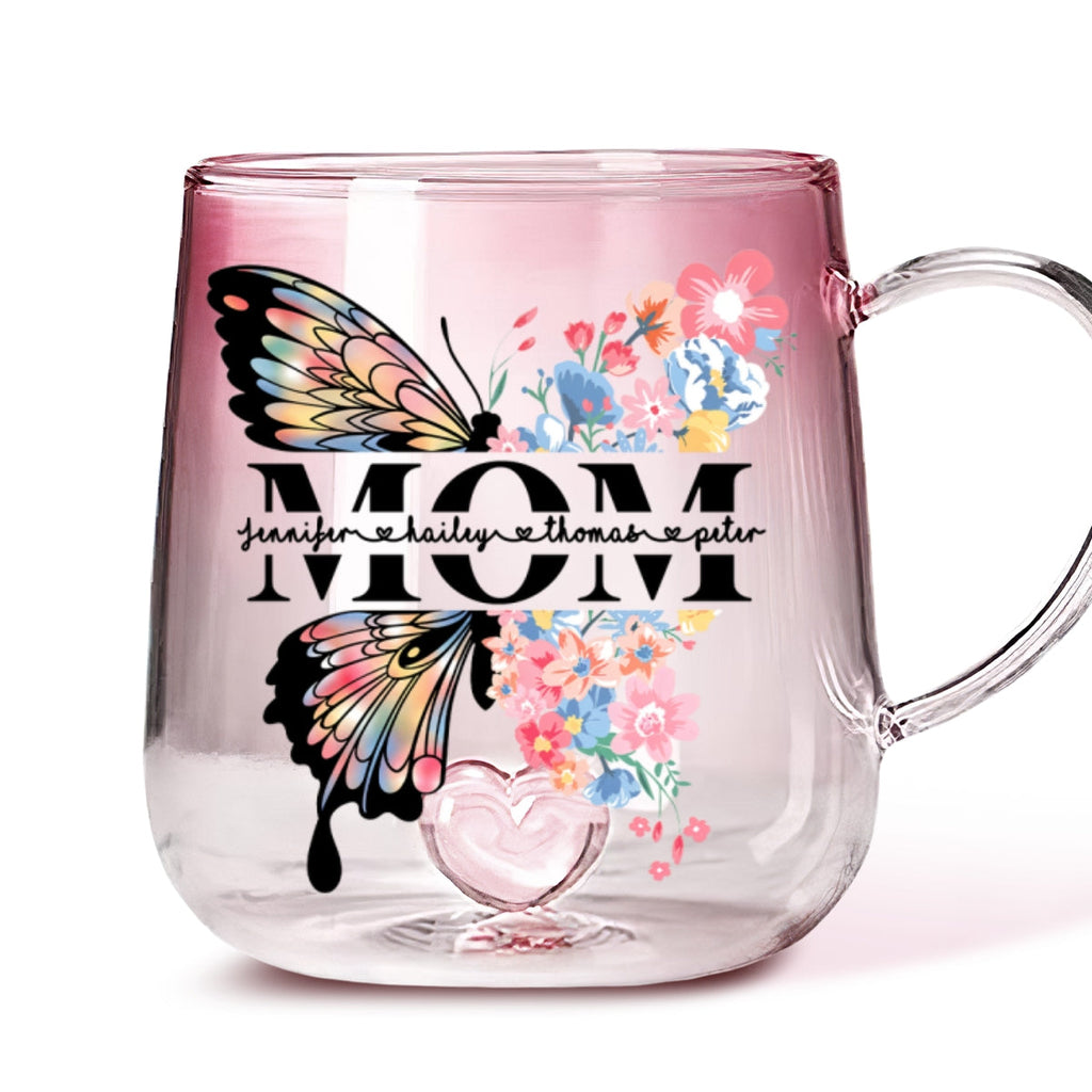 Custom Mother's Day Gift for Mom & Grandma • Lovely Butterfly - Personalized Pink Gradient Glass Mug