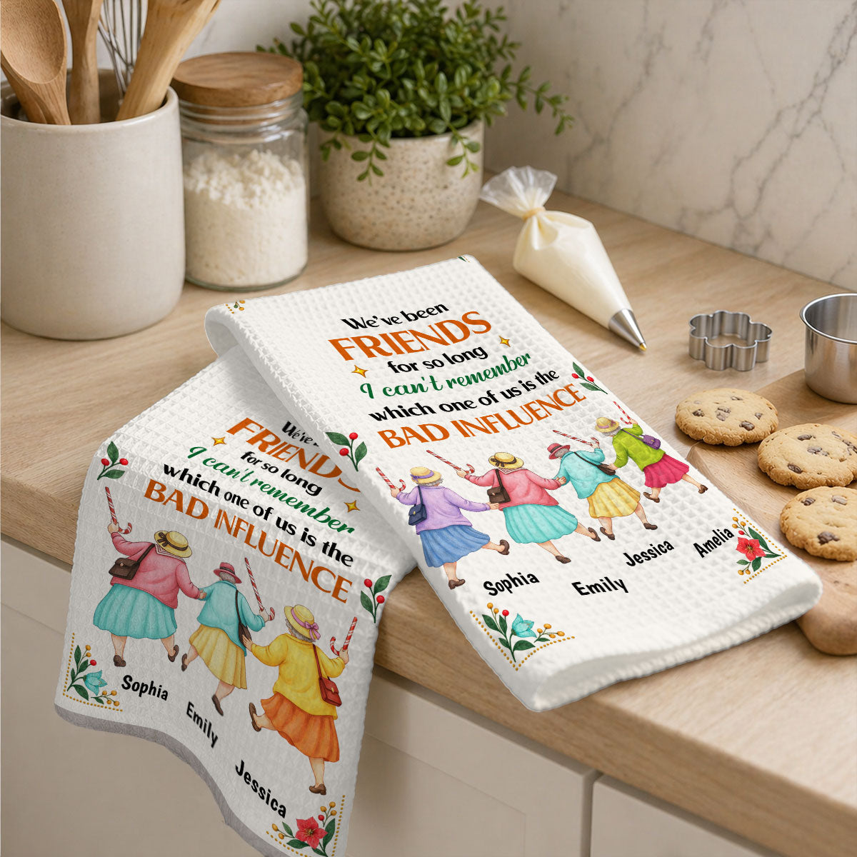 Custom Sister Kitchen Towel With Names, Birthday Christmas Gift For Sister Sibling • Bad Influence Besties - Personalized Kitchen Towel
