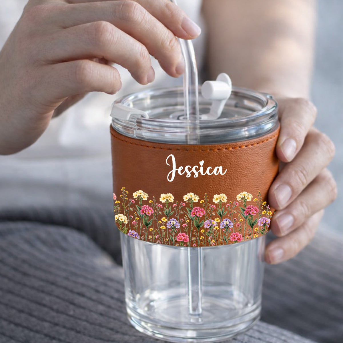 Birth Flower - Personalized Leather Glass Cup
