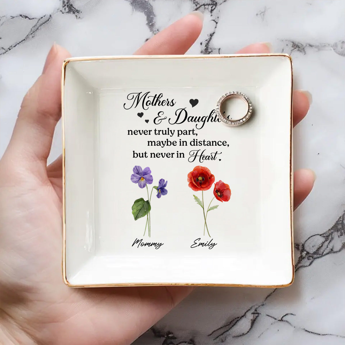 Custom Birth Flower Daughter Trinket Dish, Meaningful Birthday Gift For Her • Mother And Daughter - Personalized Jewelry Dish