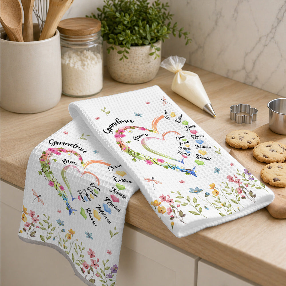 Custom Names Kitchen Towel, Mother's Day Birthday Gift For Mom Mother • Grandma Heart - Personalized Kitchen Towel