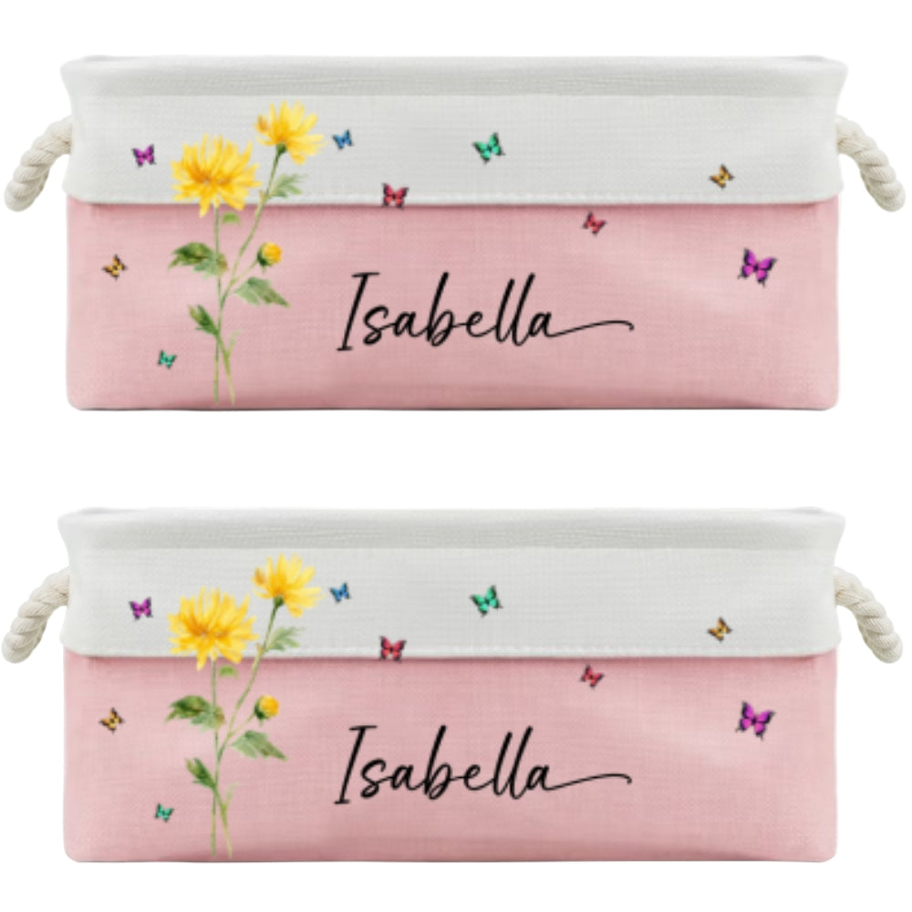 Custom Christmas Birth Flower & Name Gift For Book Lovers, Readers • Flowers Power - Personalized Storage Basket