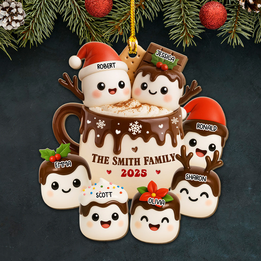 Custom Family Ornament, Christmas Gift for Family Members •  Marshmallow Family Hot Cocoa - Personalized Wood Ornament
