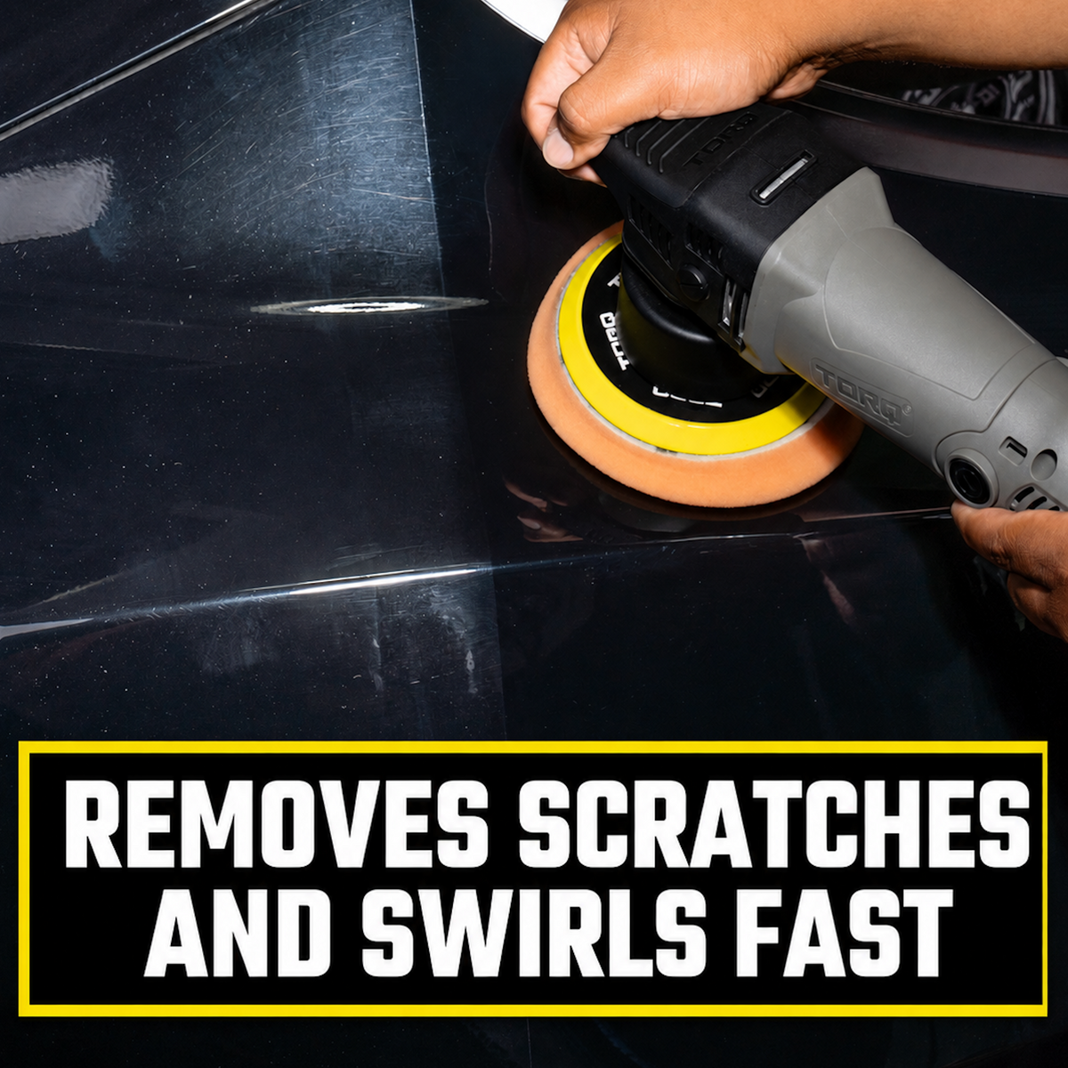 TORQX Random Orbital Polisher in use on black car paint - removes scratches and swirls fast
