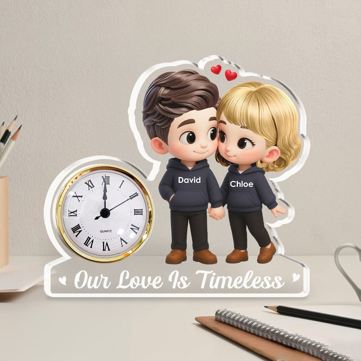 Custom Couple's Decor, Anniversary & Wedding Gift • Cartoon Couple Holding Hands - Personalized Acrylic Desk Clock Plaque