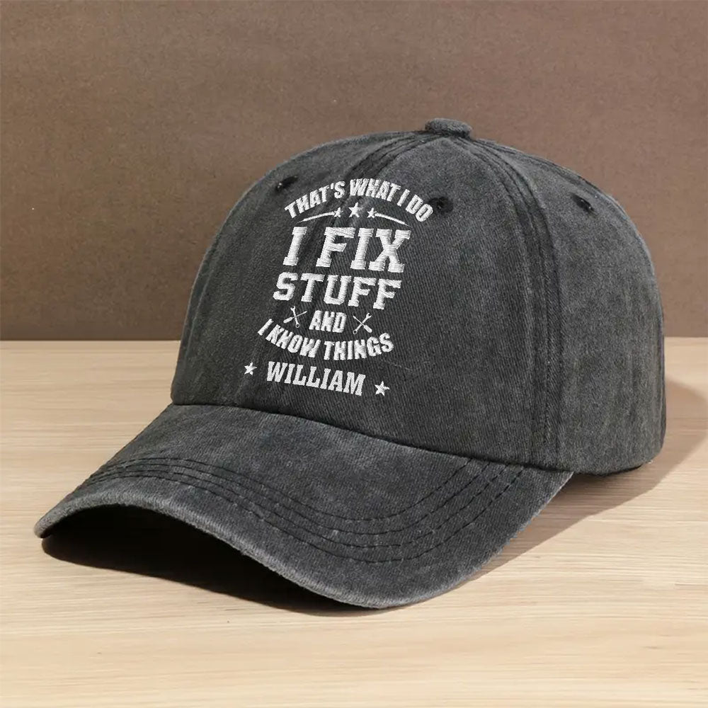 Fix Stuff And Know Things - Personalized Vintage Washed Denim Cap