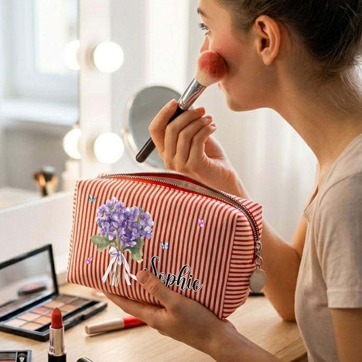 Custom Name & Birth Flower For Her, Wife, Daughter, Sister, Friends • Birth Month Flower - Personalized Seersucker Print Makeup Bag