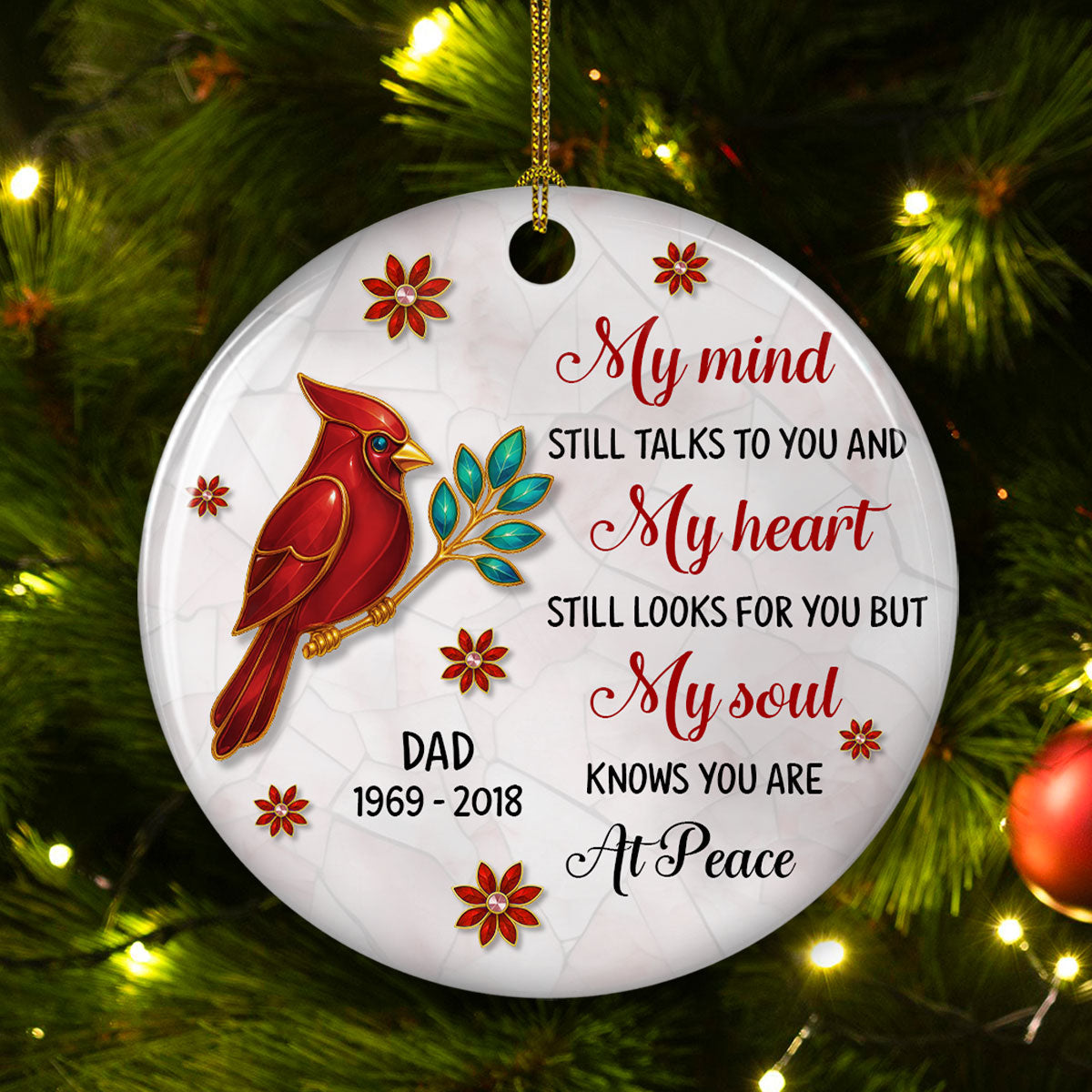 Custom Memorial Christmas Ornament, Sympathy Keepsake •  My Soul Knows You Are At Peace - Personalized 3D Inflated Effect Ceramic Ornament