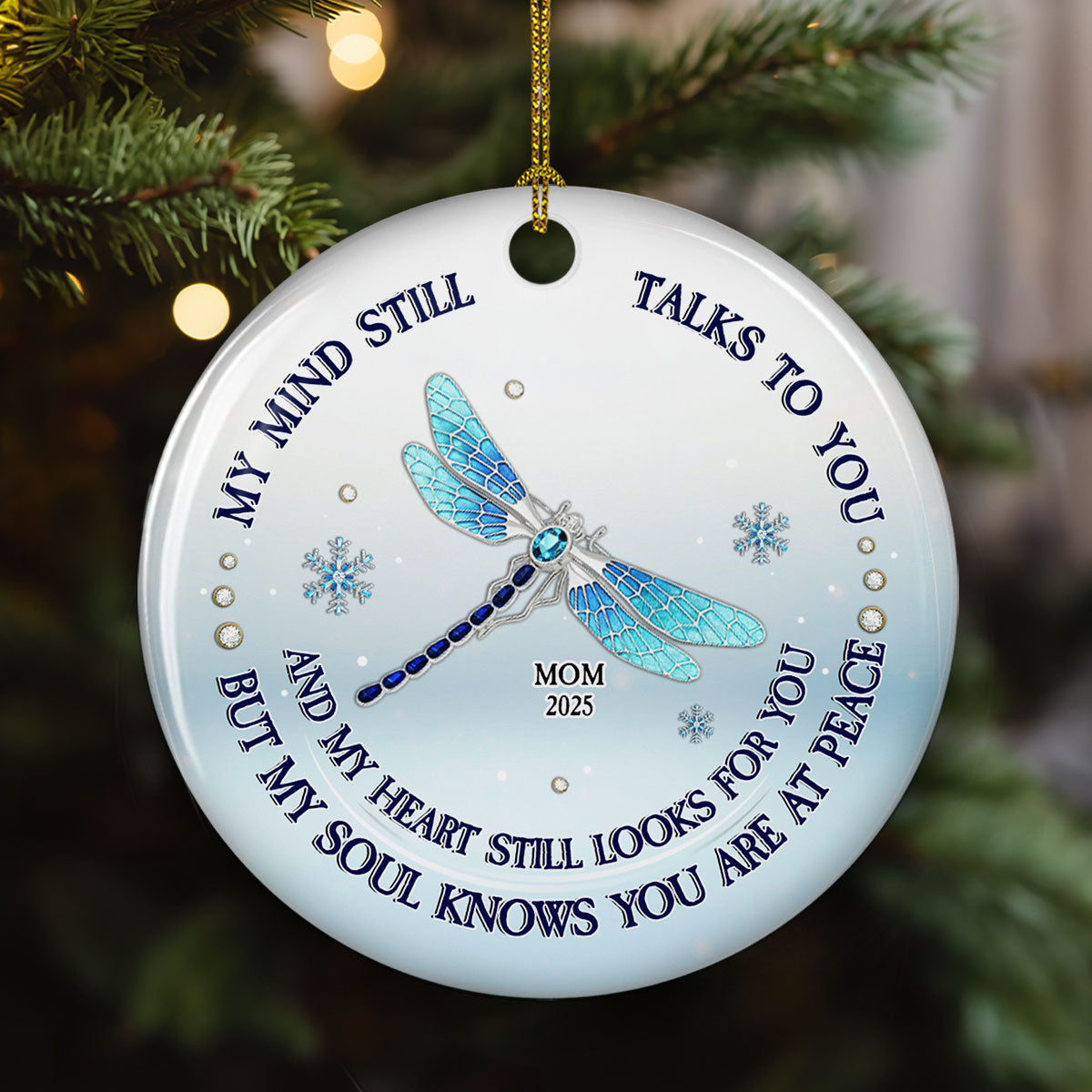 Custom Memorial Christmas Ornament, Sympathy Keepsake •  My Mind My Heart My Soul Blue Crystal - Personalized Ceramic Ornament