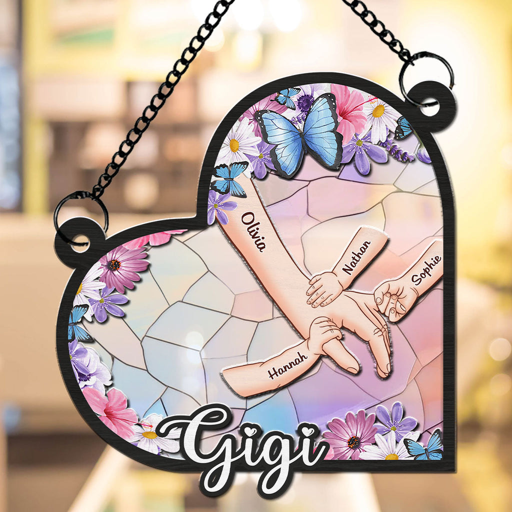 Custom Name Grandma Hanging Decor, Mother's Day Birthday Gifts • Grandma Mom Holding Hands - Personalized Suncatcher