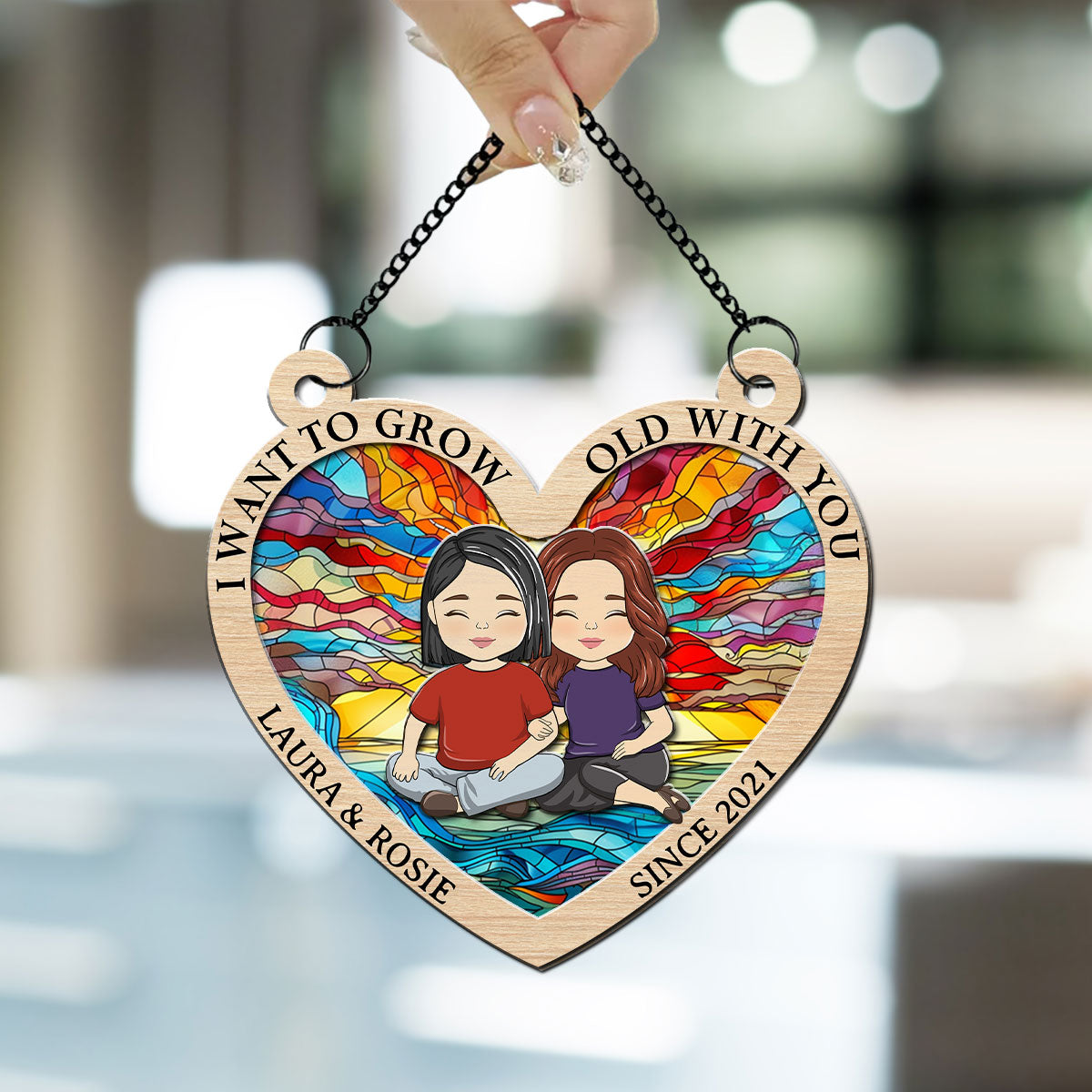 Custom Couple Hanging Decor, Anniversary Valentine's Day Gifts • Grow Old With You - Personalized Suncatcher