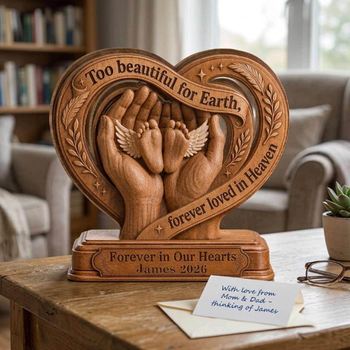 Custom Memorial Keepsake, Sympathy & Remembrance Gift • An Angel Forever In Heaven - Personalized 2-Layer Wood Plaque With Flat Base