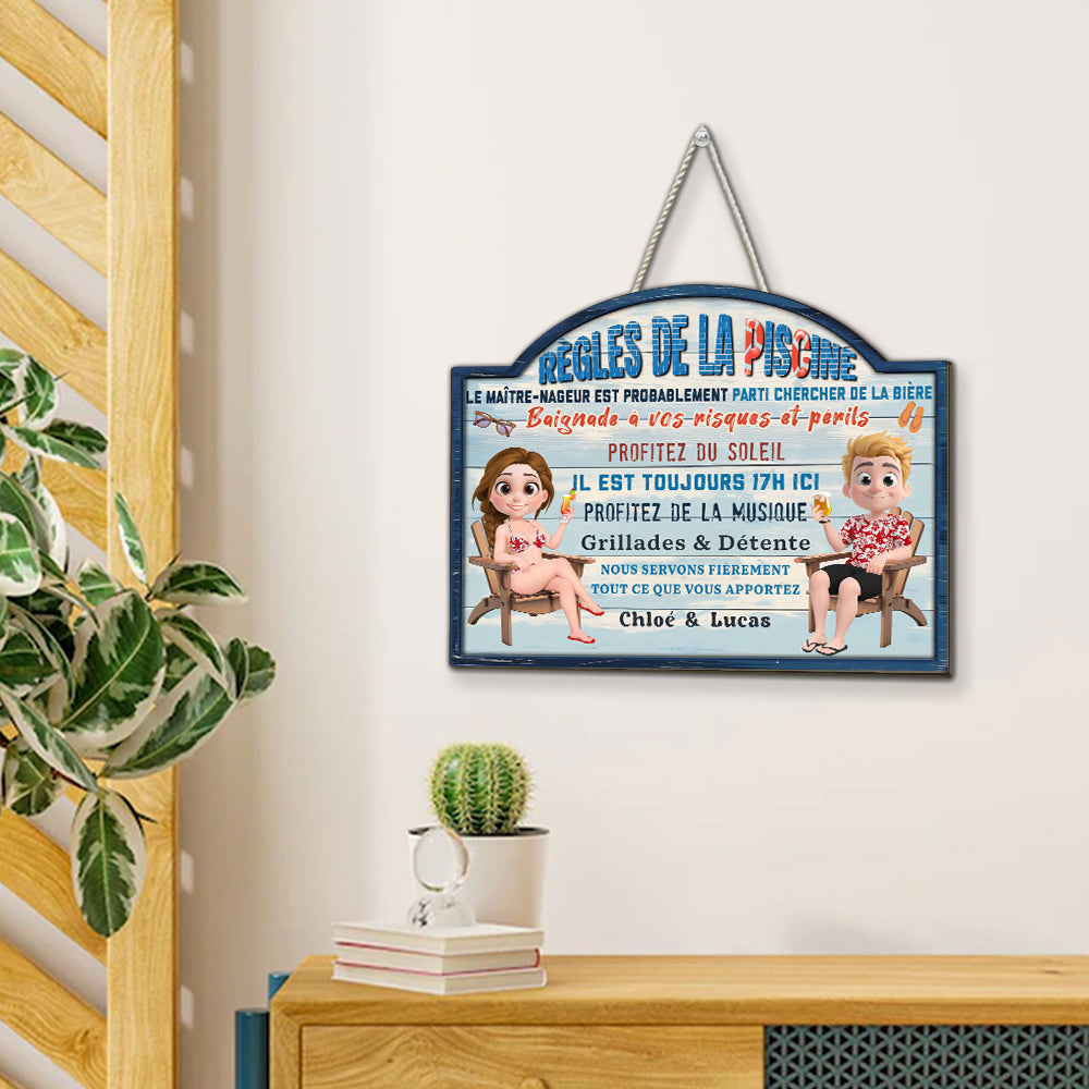 Custom Family Summer Backyard, Patio & Porch Decor • Règles De La Piscine - Panneau En Bois Personnalisé