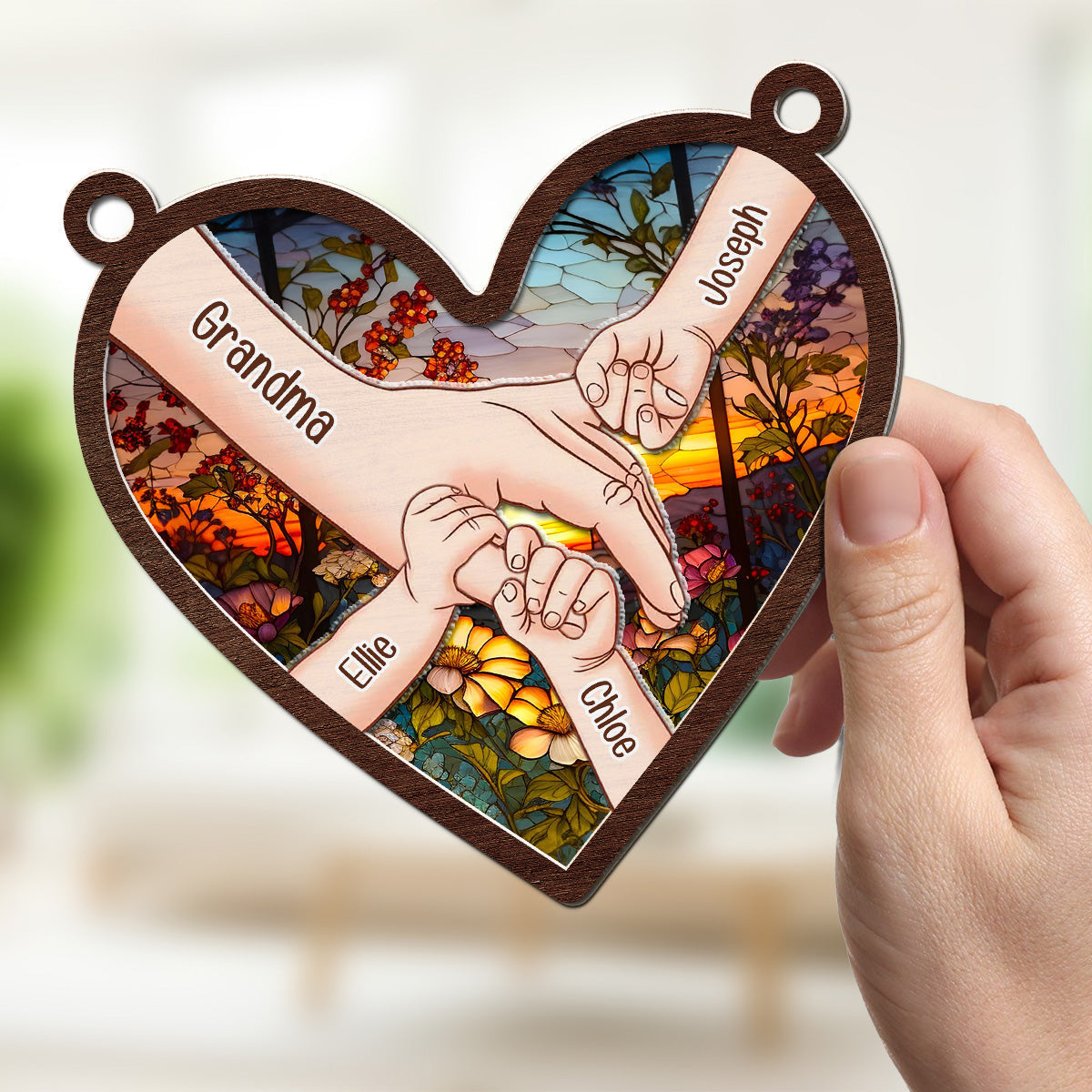 Custom Name Grandma Hanging Decor, Mother's Day Birthday Gifts • Hold Hands And Hearts - Personalized Suncatcher
