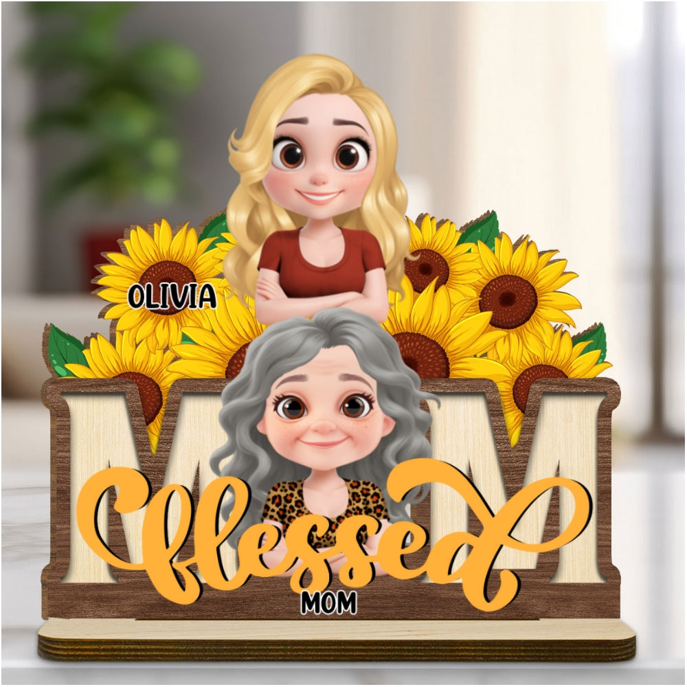 Custom Mother's Day Decor, Gift for Mom & Grandma • Blessed Mom - Personalized 2-Layer Wood Plaque With Flat Base