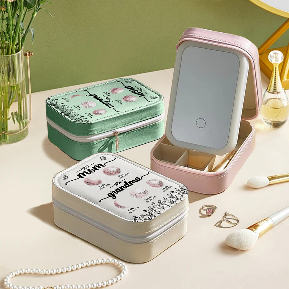 First Mom Now Grandma Floral Birth Moon - Personalized Jewelry Box With LED Mirror