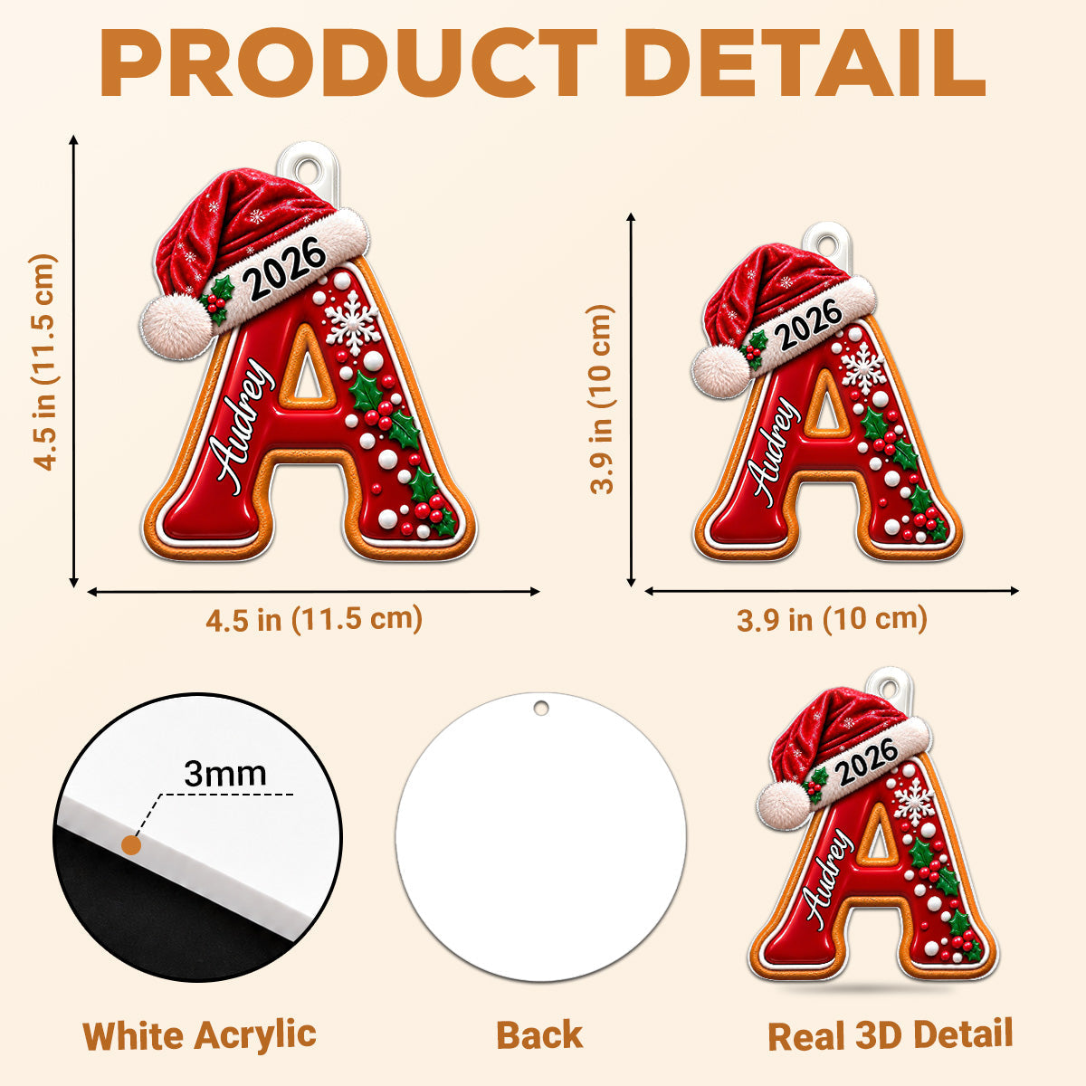 Custom Family Ornament, Christmas Gift for Family Members •  Gingerbread Letter - Personalized 3D White Acrylic Ornament