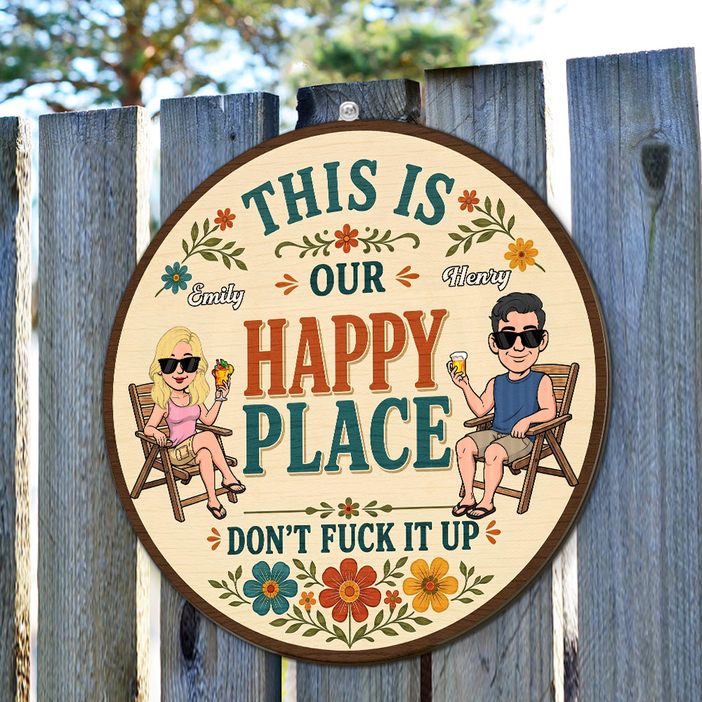 Custom Family Summer Backyard, Patio & Porch Decor • This Is Our Happy Place - Personalized Wood Sign