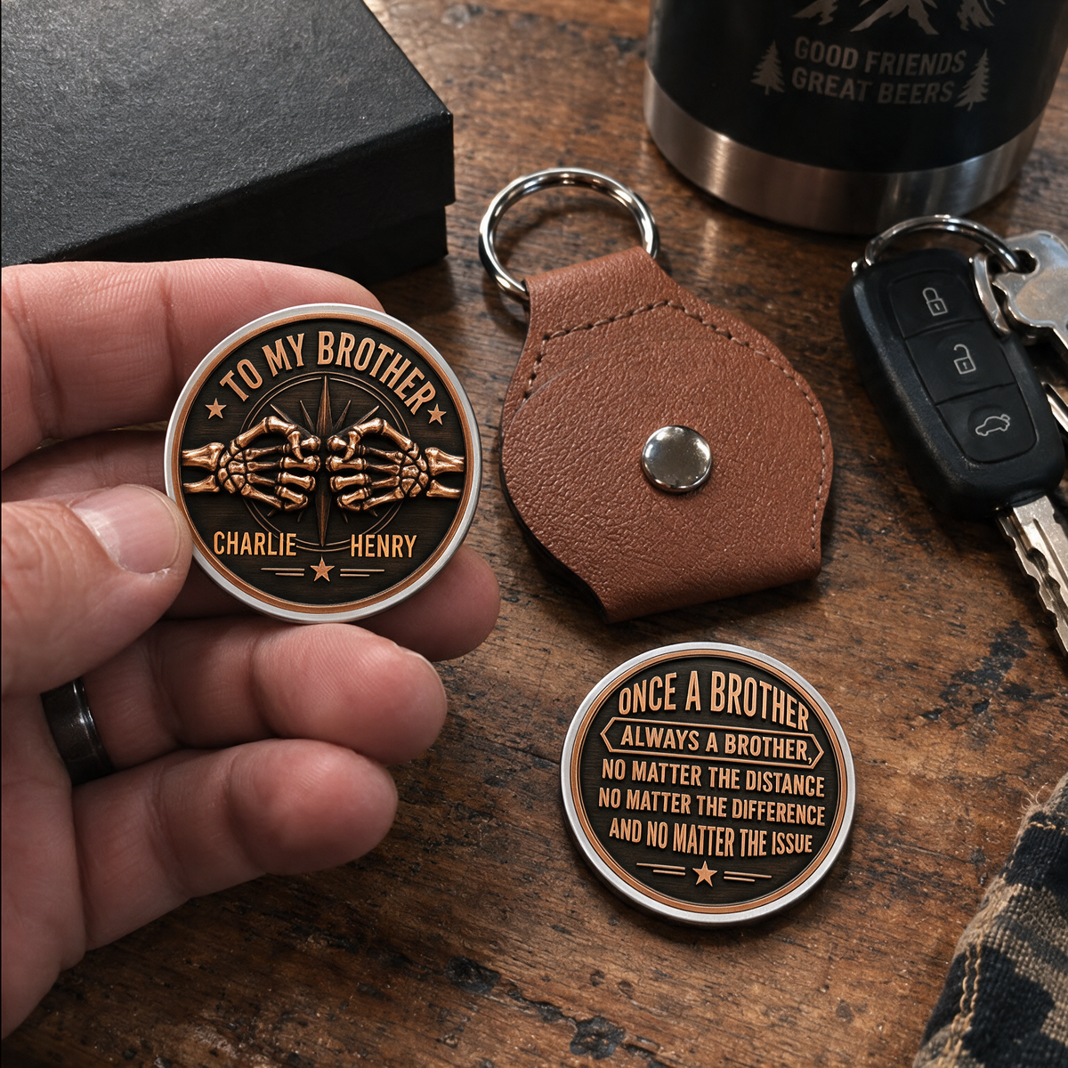 Custom Brother Coin Keychain, Birthday Gift for Family Members • Brothers By Blood - Personalized 3D Printing Pocket Hug