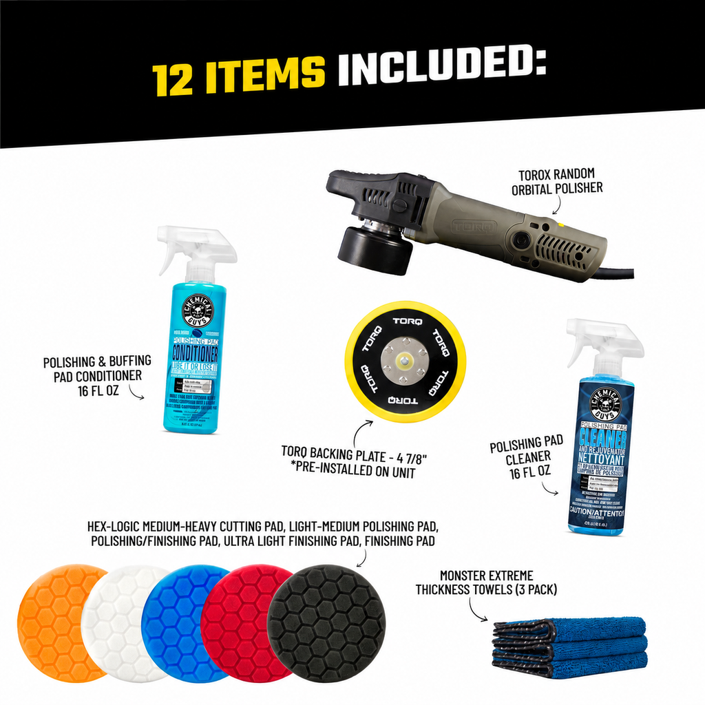 TORQX Complete Detailing Kit - 12 items included: TORQX Random Orbital Polisher, TORQ backing plate, hex-logic cutting, polishing, and finishing pads, polishing pad conditioner and cleaner, and Monster Extreme thickness towels