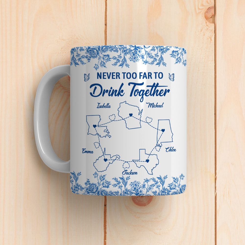 Custom Best Friend, Christmas & Birthday Friendship Keepsake Gift • Never Too Far Toile Version - Personalized Coffee Mug