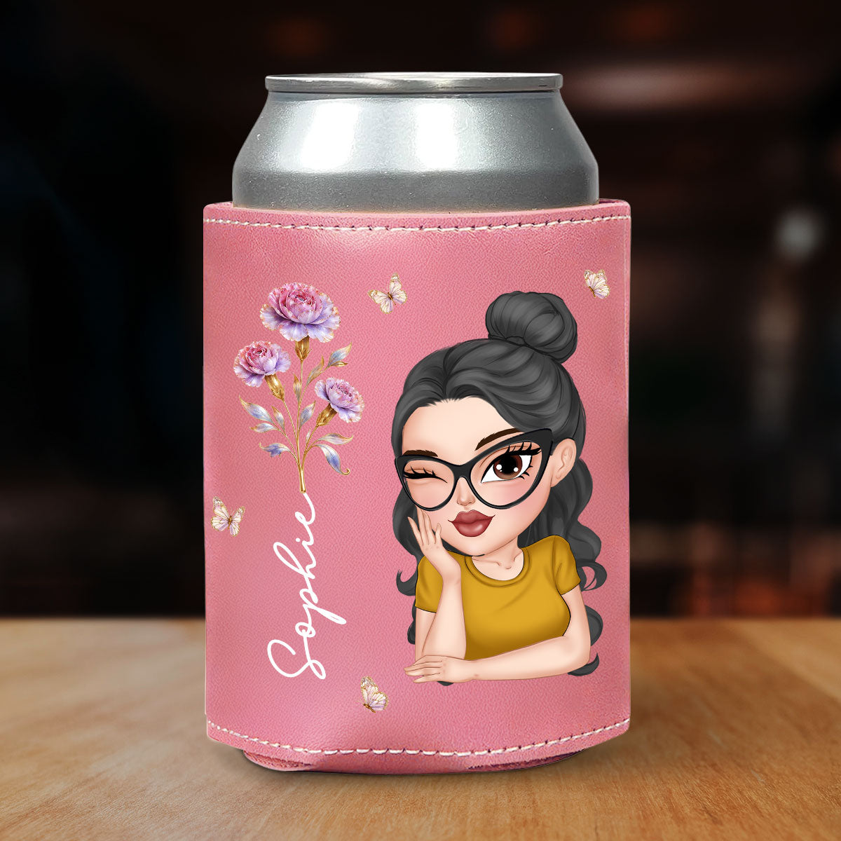 Floral Girl - Personalized Pink Leather Can Cooler Holder