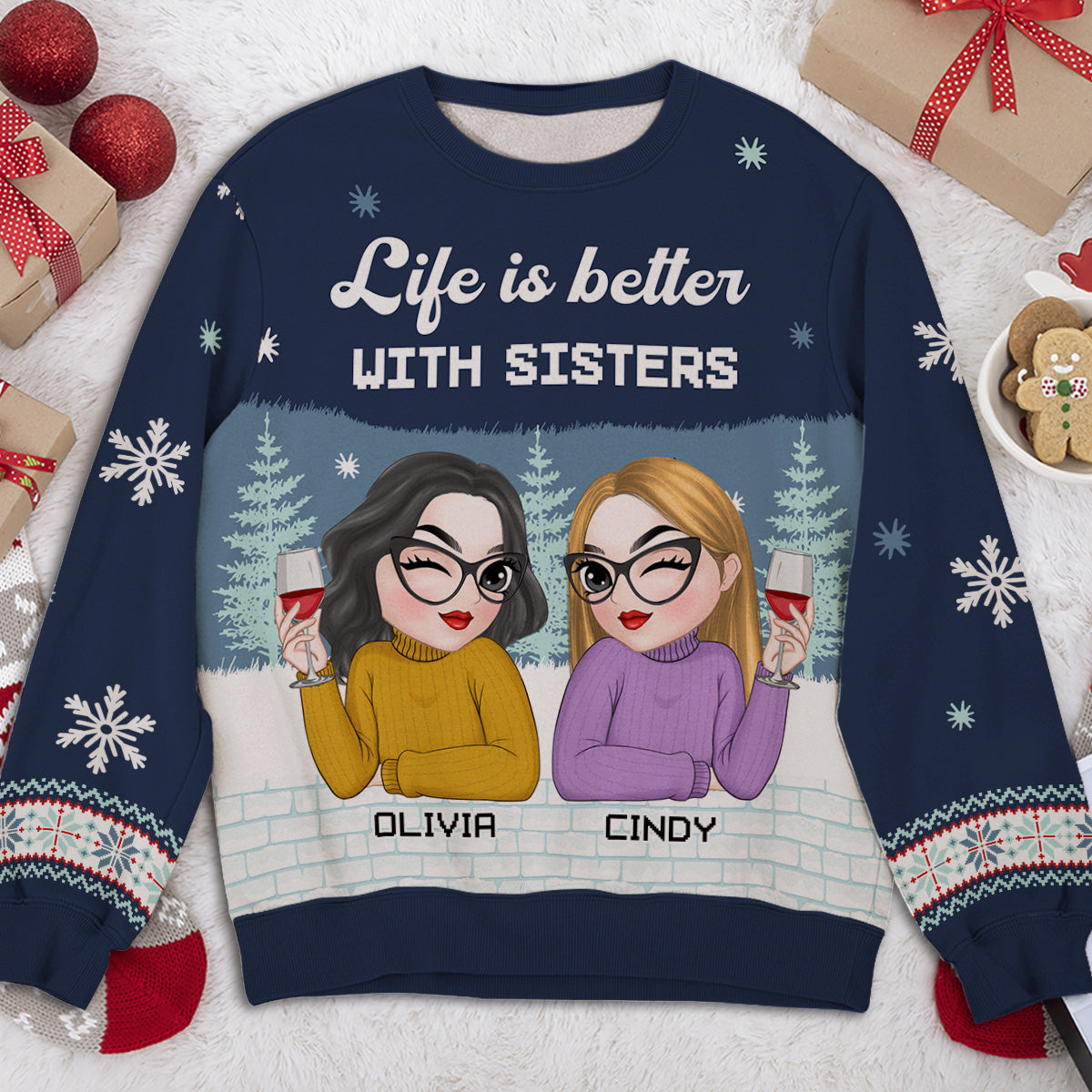 Custom Friendship Christmas Sweatshirt, Best Friend Gift • Besties Forever 2024 - Personalized All-Over-Print Sweatshirt