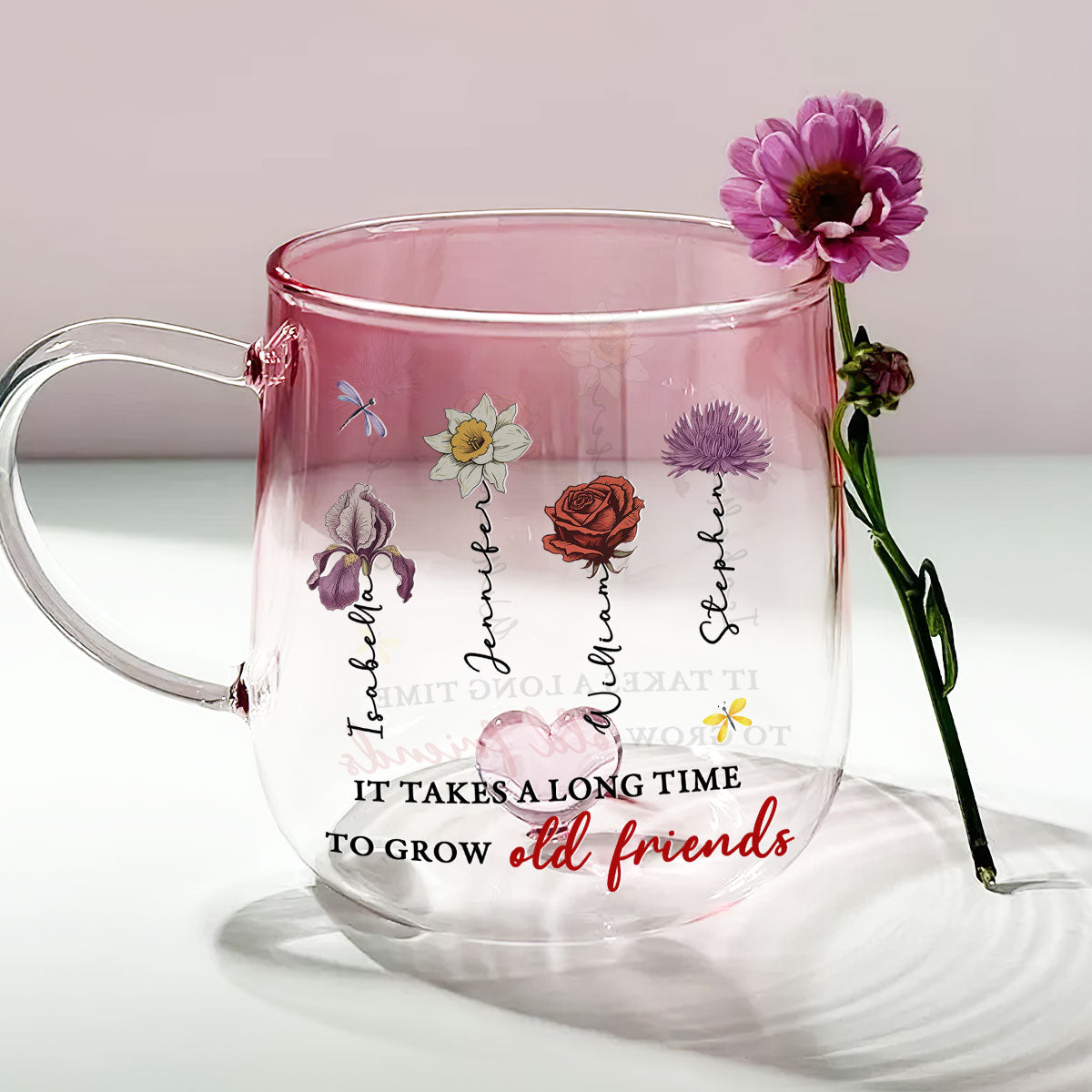 Custom Name & Birth Flower Birthday, Christmas Gift for Best Friend • It Takes A Long Time - Personalized Pink Gradient Glass Mug