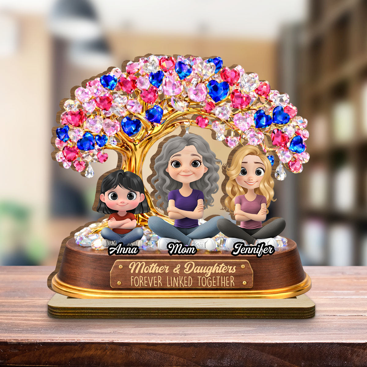 Custom Mother's Day Decor, Gift for Mom & Grandma • Mom And Daughters Love Tree - Personalized 2-Layer Wood Plaque With Flat Base