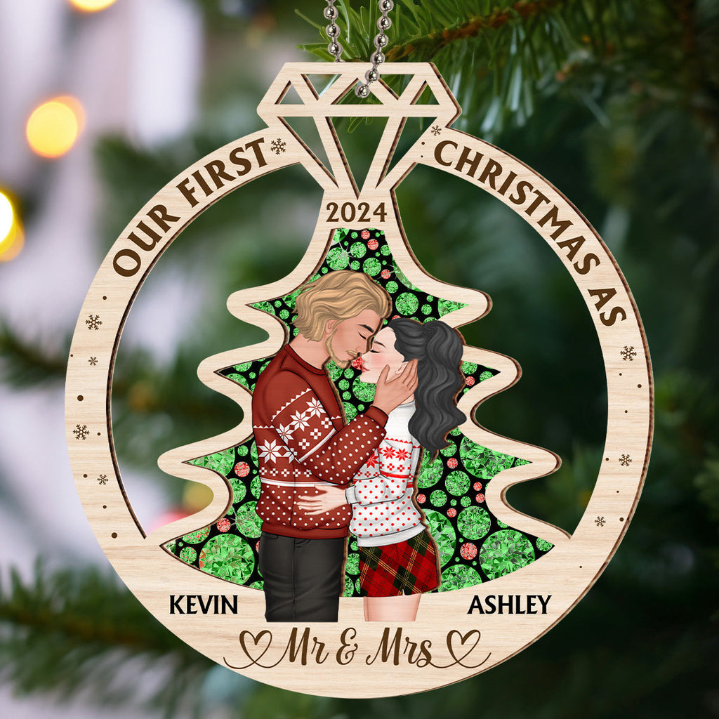 Custom First Christmas Ornament Married, Gift for Newlyweds •  Our First Christmas Married - Personalized Suncatcher Ornament
