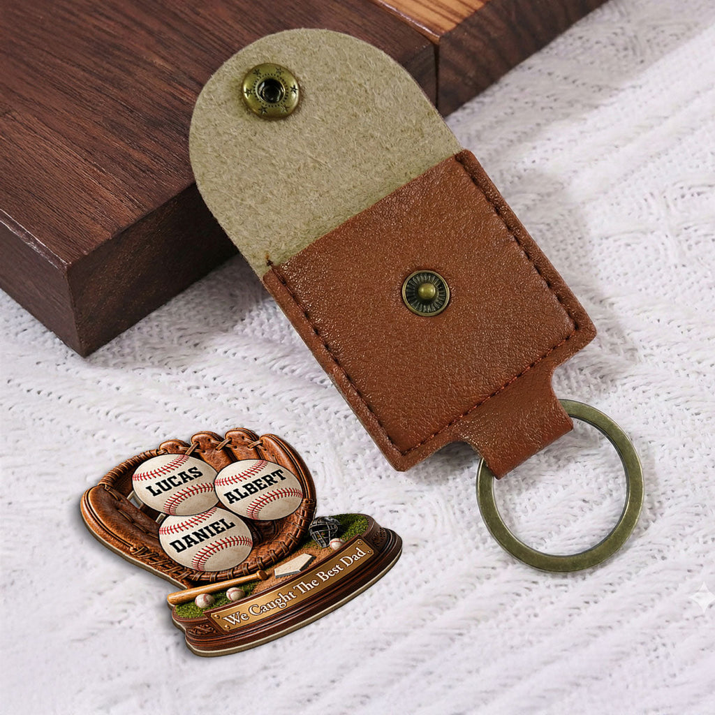 Custom Dad Coin Keychain, Father's Day Birthday Keepsake • We Caught The Best Dad - Personalized Wooden Pocket Hug