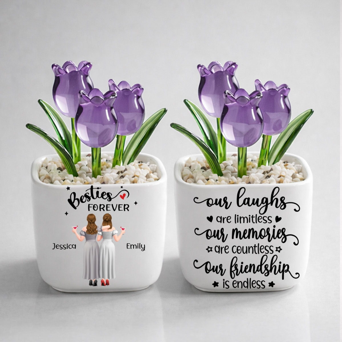Custom Flower Keepsake, Glass Home Decor Gift for Best Friend • Endless Friendship - Personalized Glass Everlasting Tulips