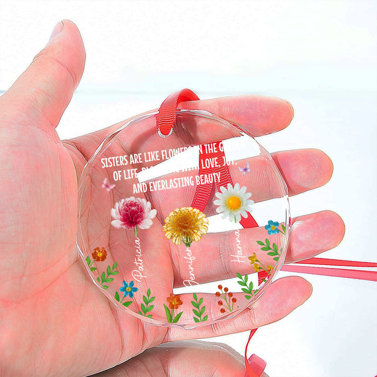 Custom Sister Christmas Ornament •  Sisters Bloom With Love And Joy - Personalized Glass Ornament