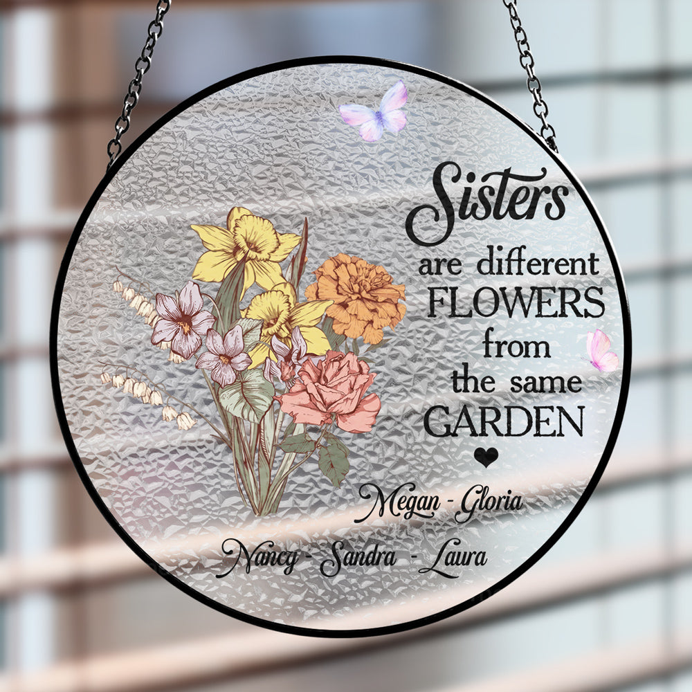 Custom Family Name Hanging Decor, Christmas Birthday Gift •  Floral Sisters Forever - Personalized Window Hanging Suncatcher