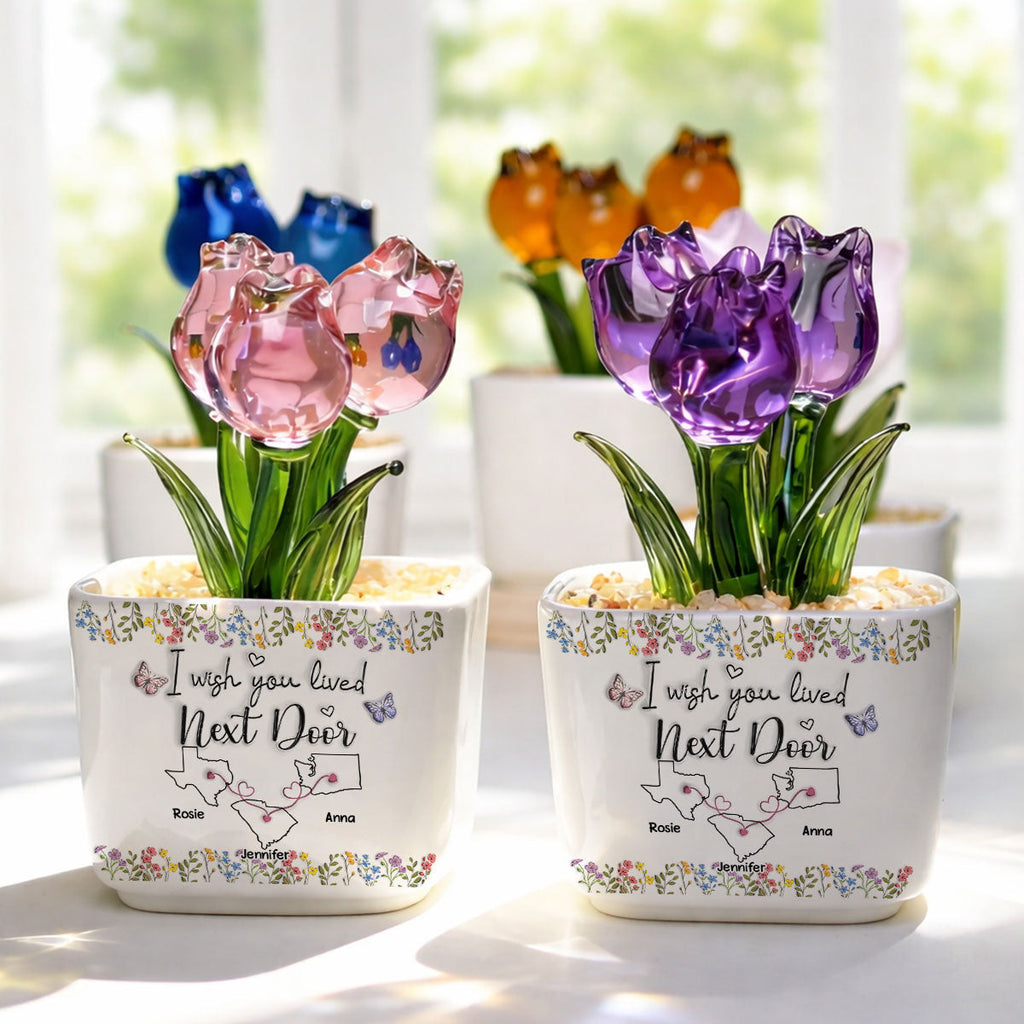 Custom Flower Keepsake, Glass Home Decor Gift for Best Friend • I Wish We Lived Closer Floral Version - Personalized Glass Everlasting Tulips