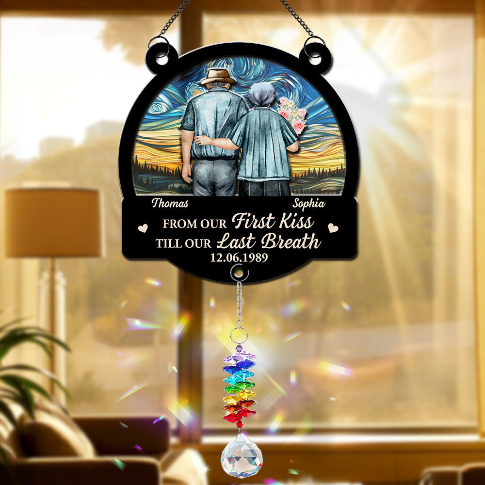 Custom Couple Hanging Decor, Anniversary Valentine's Day Gifts • From Our First Kiss - Personalized Suncatcher With Crystal Rainbow Charm