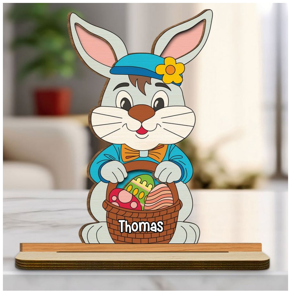 Custom Family Decor, Christmas Birthday Family Keepsake • Spring Bunny Surprise - Personalized 2-Layer Wood Plaque With Flat Base