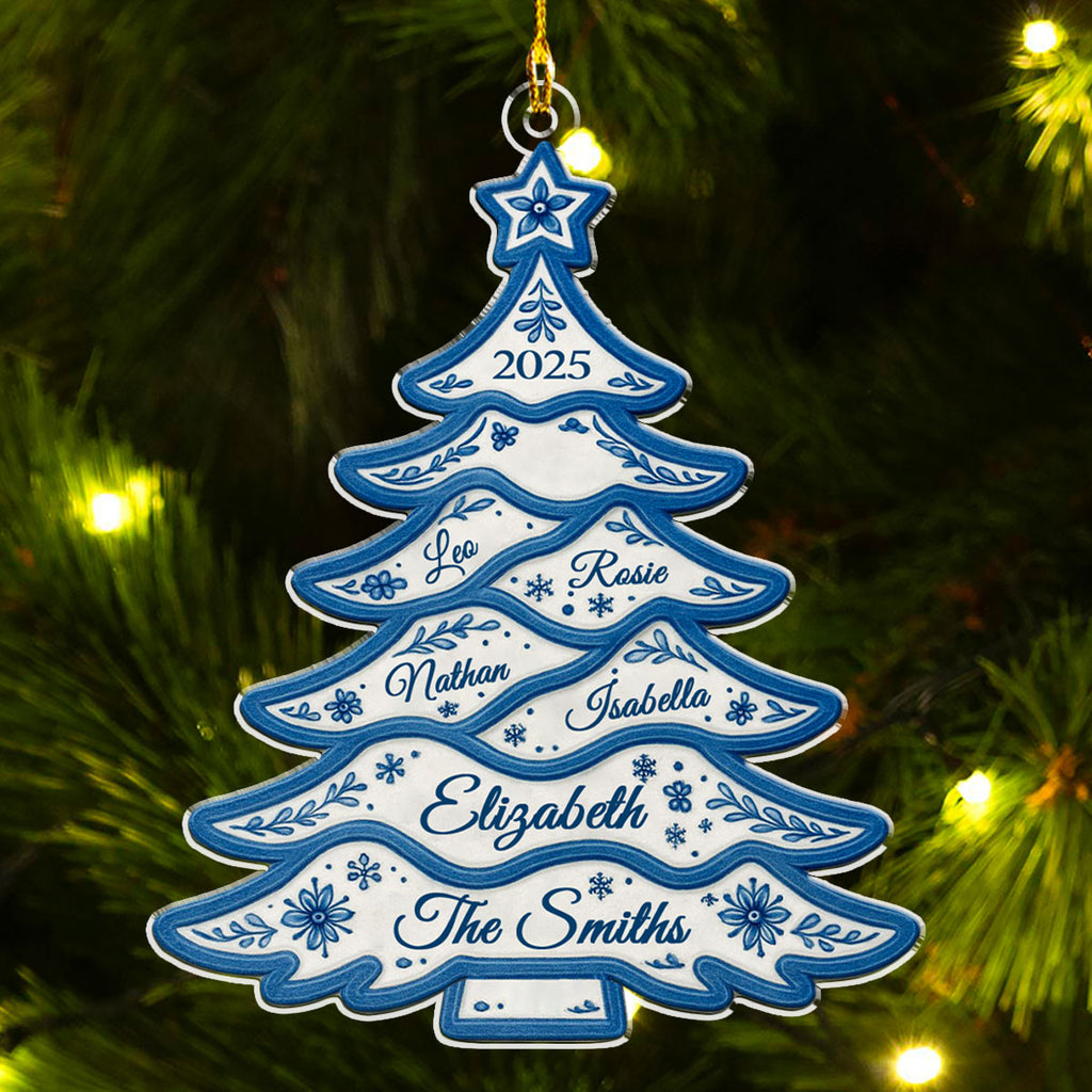 Custom Family Ornament, Christmas Gift for Family Members •  Delft Blue Christmas Tree - Personalized Acrylic Ornament
