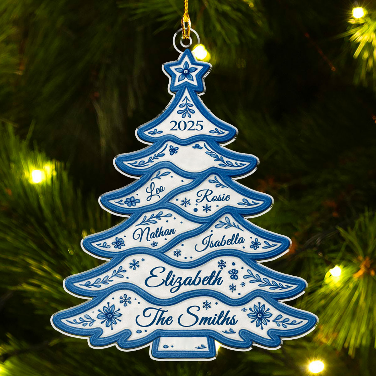 Custom Family Ornament, Christmas Gift for Family Members •  Delft Blue Christmas Tree - Personalized Acrylic Ornament