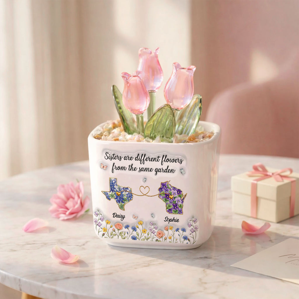 Custom Flower Keepsake, Glass Home Decor Gift for Soul Sister • Different Flowers Forever Connected - Personalized Glass Everlasting Tulips