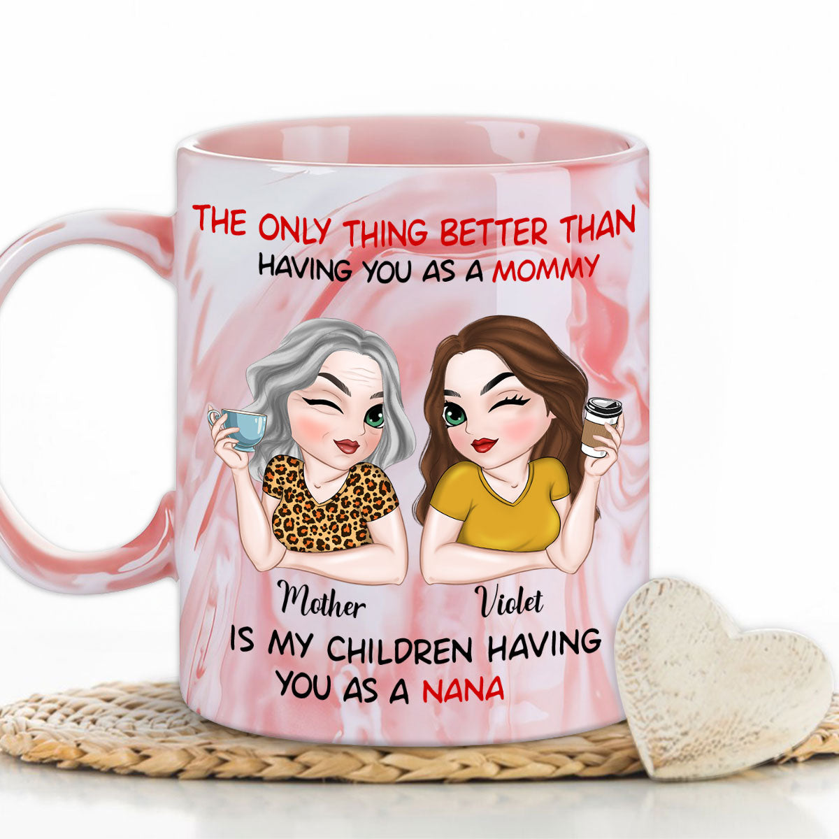 Custom Mother's Day Gift for Mom & Grandma • Lovely Nana - Personalized Pink Marble Mug
