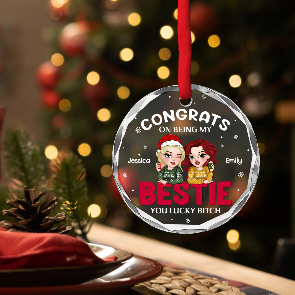 Custom Friendship Christmas Ornament, Best Friend Gift •  Congrats On Being My Bestie Merry Christmas - Personalized Glass Ornament
