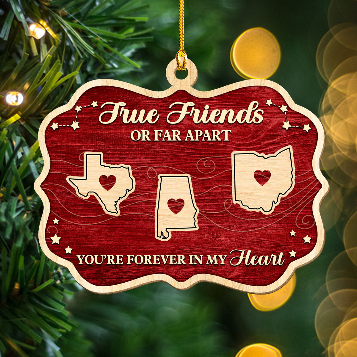 Custom Friendship Christmas Ornament, Best Friend Gift •  Hearts Stay Connected Through Distance - Personalized 3D Effect Wood Ornament