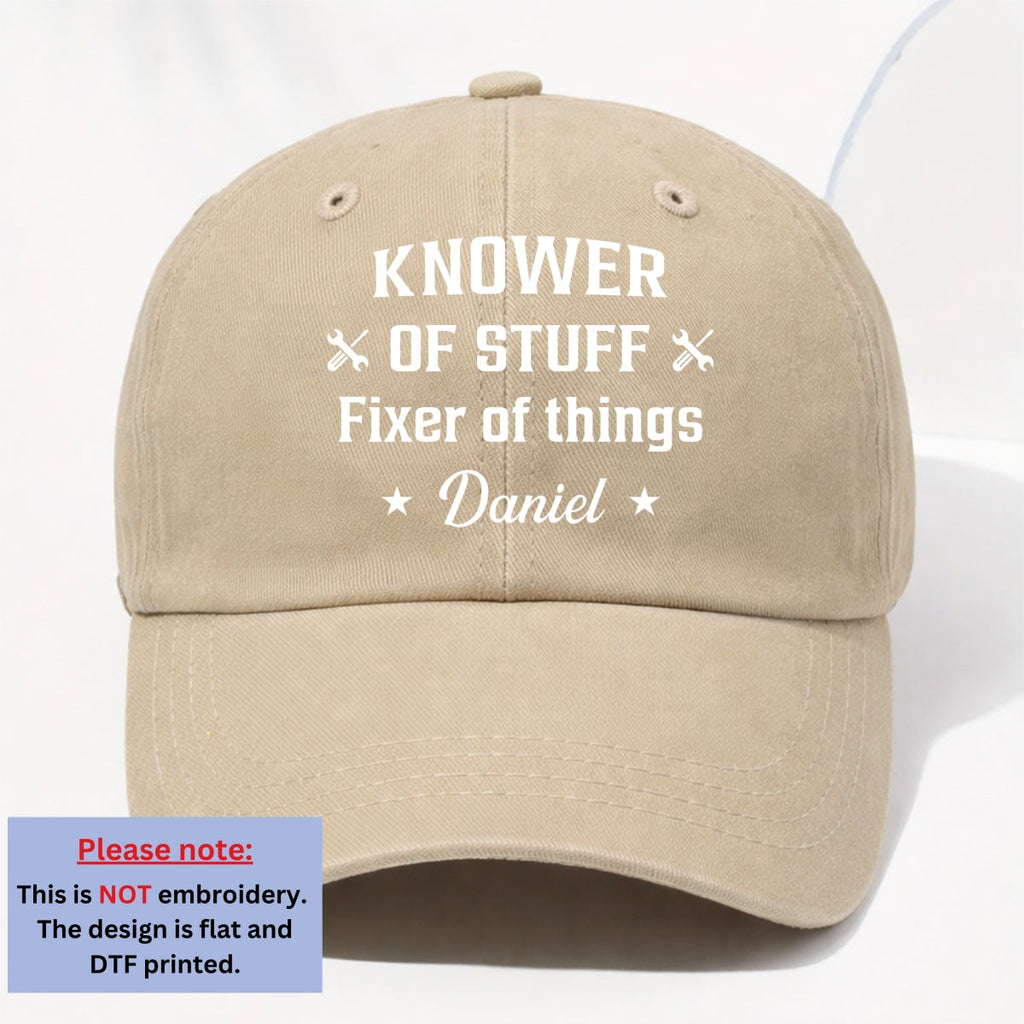 Custom Father's Day Christmas Birthday Gifts for Dad • Fixer And Knower - Personalized Vintage Washed Denim Cap