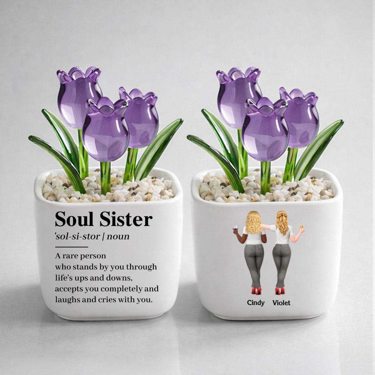 Custom Flower Keepsake, Glass Home Decor Gift for Best Friend • Soul Sister - Personalized Glass Everlasting Tulips
