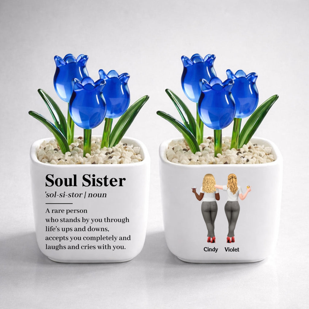 Custom Flower Keepsake, Glass Home Decor Gift for Best Friend • Soul Sister - Personalized Glass Everlasting Tulips
